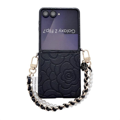 Side Buckle Embossed Camellia Phone Case with Bracelet, For Samsung Galaxy Z Flip7 5G