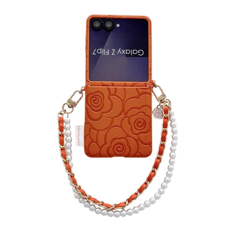 Side Buckle Embossed Camellia Phone Case with Bracelet, For Samsung Galaxy Z Flip7 5G