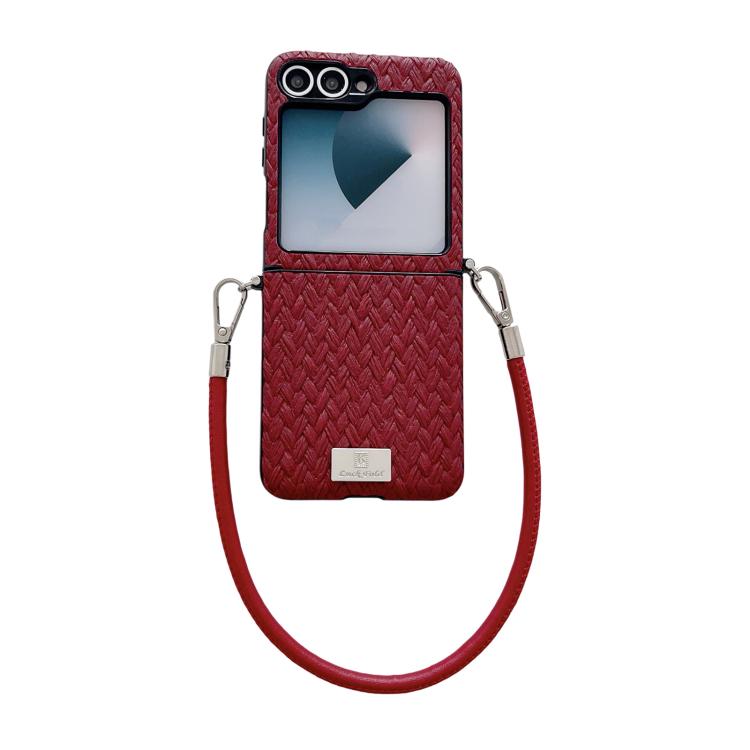 Nameplate Style Straw Pattern Side Buckle Phone Case with Strap, For Galaxy Z Flip8 5G, For Samsung Galaxy Z Flip6 5G / Flip7 FE, For Samsung Galaxy Z Flip7 5G, For Samsung Galaxy Z Flip5 5G