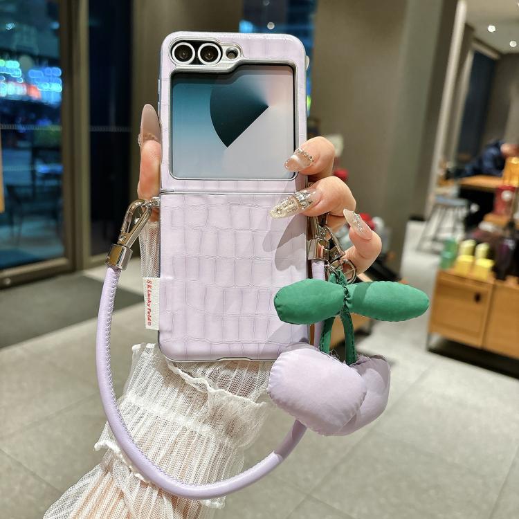 Crocodile Pattern Side Buckle Phone Case with DIY Cherry Strap, For Samsung Galaxy Z Flip6 5G / Flip7 FE, For Samsung Galaxy Z Flip7 5G, For Samsung Galaxy Z Flip5 5G