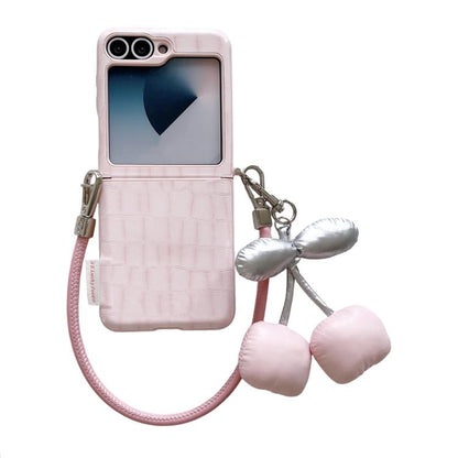 Crocodile Pattern Side Buckle Phone Case with DIY Cherry Strap, For Samsung Galaxy Z Flip6 5G / Flip7 FE, For Samsung Galaxy Z Flip7 5G, For Samsung Galaxy Z Flip5 5G