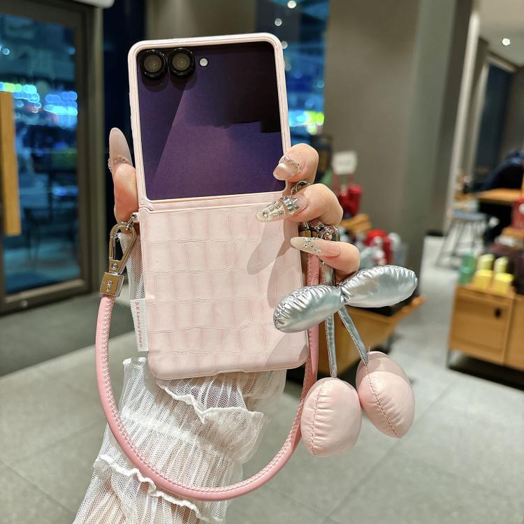 Crocodile Pattern Side Buckle Phone Case with DIY Cherry Strap, For Samsung Galaxy Z Flip6 5G / Flip7 FE, For Samsung Galaxy Z Flip7 5G, For Samsung Galaxy Z Flip5 5G