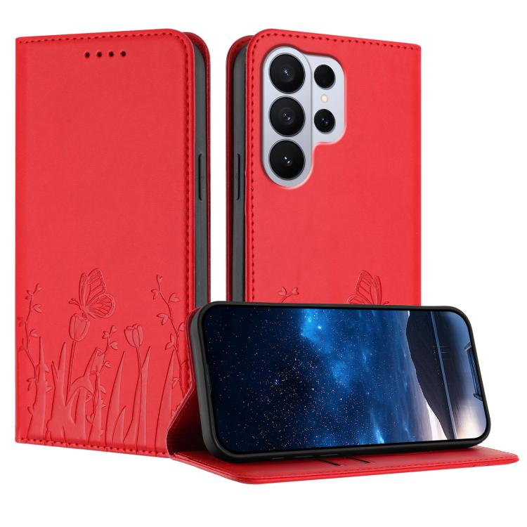 Tulips Butterfly Pattern Magnetic Vegan Leather Phone Case, For Galaxy S26 FE 5G, For Samsung Galaxy S26 Ultra 5G, For Samsung Galaxy S26 5G, For Samsung Galaxy S25 FE 5G
