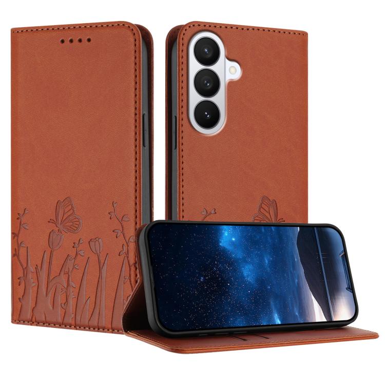 Tulips Butterfly Pattern Magnetic Vegan Leather Phone Case, For Galaxy S26 FE 5G, For Samsung Galaxy S26 Ultra 5G, For Samsung Galaxy S26 5G, For Samsung Galaxy S25 FE 5G