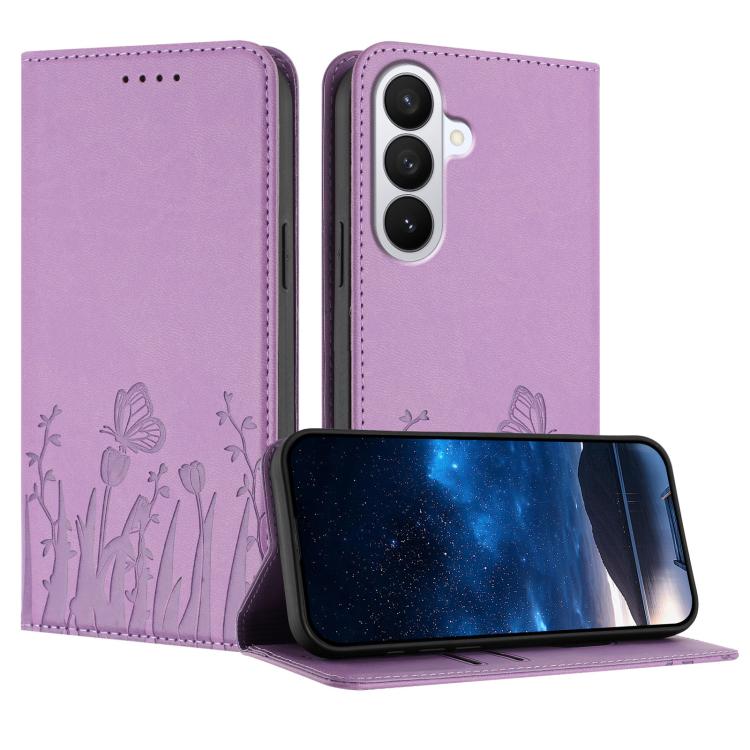 Tulips Butterfly Pattern Magnetic Vegan Leather Phone Case, For Galaxy S26 FE 5G, For Samsung Galaxy S26 Ultra 5G, For Samsung Galaxy S26 5G, For Samsung Galaxy S25 FE 5G