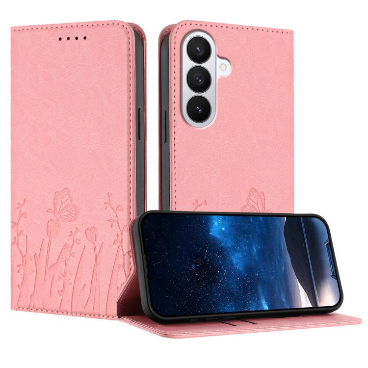 Tulips Butterfly Pattern Magnetic Vegan Leather Phone Case, For Galaxy S26 FE 5G, For Samsung Galaxy S26 Ultra 5G, For Samsung Galaxy S26 5G, For Samsung Galaxy S25 FE 5G