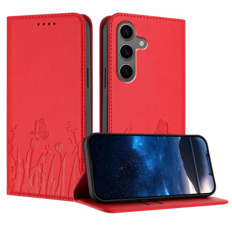 Tulips Butterfly Pattern Magnetic Vegan Leather Phone Case, For Samsung Galaxy S25 Edge 5G, For Samsung Galaxy S25 5G, For Samsung Galaxy S25+ 5G, For Samsung Galaxy S25 Ultra 5G