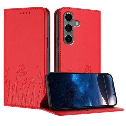 Tulips Butterfly Pattern Magnetic Vegan Leather Phone Case, For Samsung Galaxy S25 Edge 5G, For Samsung Galaxy S25 5G, For Samsung Galaxy S25+ 5G, For Samsung Galaxy S25 Ultra 5G