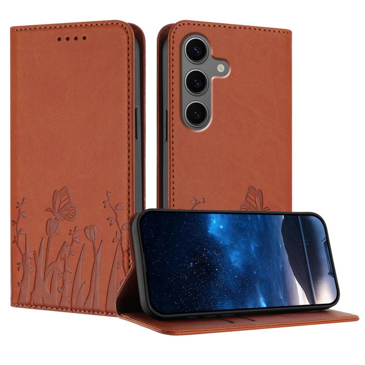 Tulips Butterfly Pattern Magnetic Vegan Leather Phone Case, For Samsung Galaxy S25 Edge 5G, For Samsung Galaxy S25 5G, For Samsung Galaxy S25+ 5G, For Samsung Galaxy S25 Ultra 5G