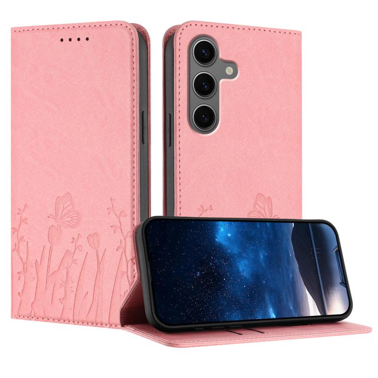 Tulips Butterfly Pattern Magnetic Vegan Leather Phone Case, For Samsung Galaxy S25 Edge 5G, For Samsung Galaxy S25 5G, For Samsung Galaxy S25+ 5G, For Samsung Galaxy S25 Ultra 5G