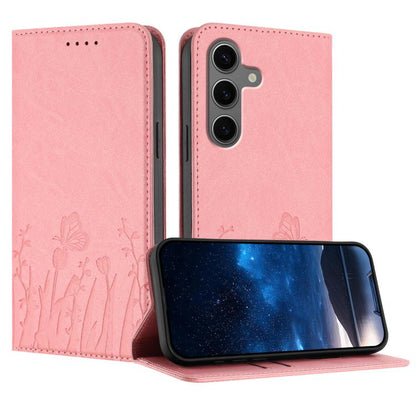 Tulips Butterfly Pattern Magnetic Vegan Leather Phone Case, For Samsung Galaxy S25 Edge 5G, For Samsung Galaxy S25 5G, For Samsung Galaxy S25+ 5G, For Samsung Galaxy S25 Ultra 5G