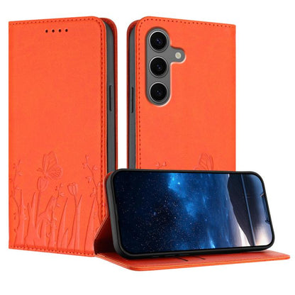 Tulips Butterfly Pattern Magnetic Vegan Leather Phone Case, For Samsung Galaxy S25 Edge 5G, For Samsung Galaxy S25 5G, For Samsung Galaxy S25+ 5G, For Samsung Galaxy S25 Ultra 5G