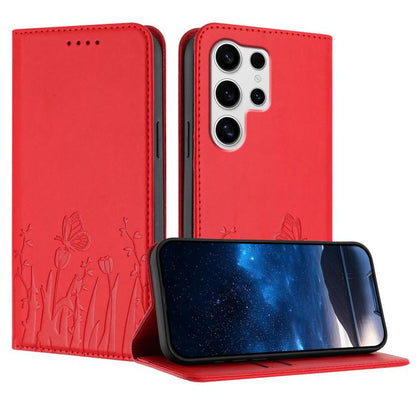 Tulips Butterfly Pattern Magnetic Vegan Leather Phone Case, For Samsung Galaxy S25 Edge 5G, For Samsung Galaxy S25 5G, For Samsung Galaxy S25+ 5G, For Samsung Galaxy S25 Ultra 5G