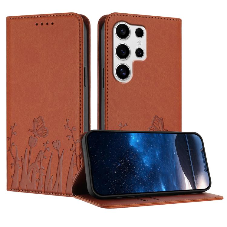 Tulips Butterfly Pattern Magnetic Vegan Leather Phone Case, For Samsung Galaxy S25 Edge 5G, For Samsung Galaxy S25 5G, For Samsung Galaxy S25+ 5G, For Samsung Galaxy S25 Ultra 5G