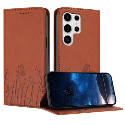 Tulips Butterfly Pattern Magnetic Vegan Leather Phone Case, For Samsung Galaxy S25 Edge 5G, For Samsung Galaxy S25 5G, For Samsung Galaxy S25+ 5G, For Samsung Galaxy S25 Ultra 5G