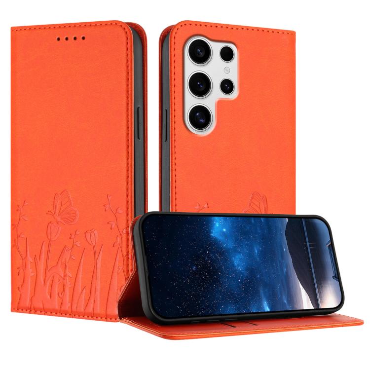 Tulips Butterfly Pattern Magnetic Vegan Leather Phone Case, For Samsung Galaxy S25 Edge 5G, For Samsung Galaxy S25 5G, For Samsung Galaxy S25+ 5G, For Samsung Galaxy S25 Ultra 5G