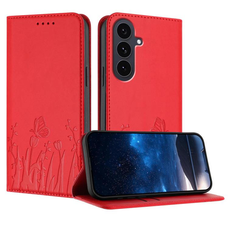 Tulips Butterfly Pattern Magnetic Vegan Leather Phone Case, For Galaxy S26 FE 5G, For Samsung Galaxy S26 Ultra 5G, For Samsung Galaxy S26 5G, For Samsung Galaxy S25 FE 5G