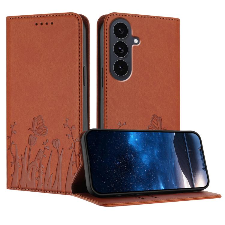 Tulips Butterfly Pattern Magnetic Vegan Leather Phone Case, For Galaxy S26 FE 5G, For Samsung Galaxy S26 Ultra 5G, For Samsung Galaxy S26 5G, For Samsung Galaxy S25 FE 5G