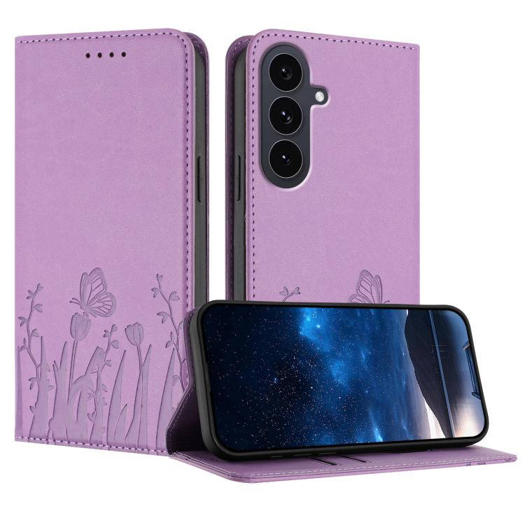 Tulips Butterfly Pattern Magnetic Vegan Leather Phone Case, For Galaxy S26 FE 5G, For Samsung Galaxy S26 Ultra 5G, For Samsung Galaxy S26 5G, For Samsung Galaxy S25 FE 5G