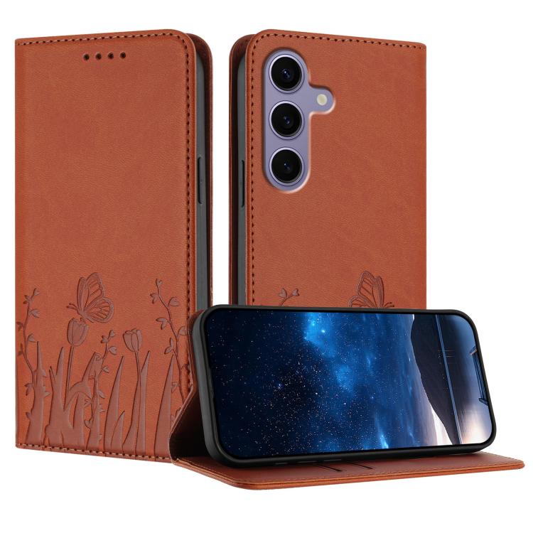 Tulips Butterfly Pattern Magnetic Vegan Leather Phone Case, For Samsung Galaxy S25 Edge 5G, For Samsung Galaxy S25 5G, For Samsung Galaxy S25+ 5G, For Samsung Galaxy S25 Ultra 5G