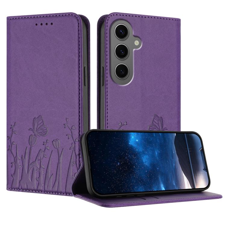 Tulips Butterfly Pattern Magnetic Vegan Leather Phone Case, For Samsung Galaxy S24 FE 5G, For Samsung Galaxy S24 Ultra 5G, For Samsung Galaxy S24+ 5G, For Samsung Galaxy S24 5G