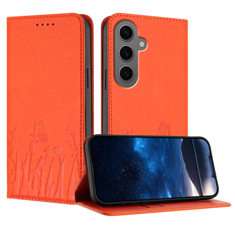 Tulips Butterfly Pattern Magnetic Vegan Leather Phone Case, For Samsung Galaxy S24 FE 5G, For Samsung Galaxy S24 Ultra 5G, For Samsung Galaxy S24+ 5G, For Samsung Galaxy S24 5G