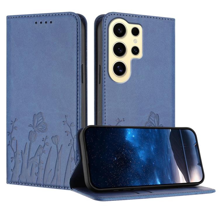 Tulips Butterfly Pattern Magnetic Vegan Leather Phone Case, For Samsung Galaxy S24 FE 5G, For Samsung Galaxy S24 Ultra 5G, For Samsung Galaxy S24+ 5G, For Samsung Galaxy S24 5G