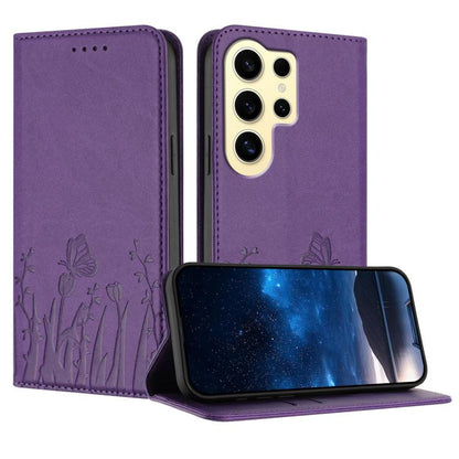 Tulips Butterfly Pattern Magnetic Vegan Leather Phone Case, For Samsung Galaxy S24 FE 5G, For Samsung Galaxy S24 Ultra 5G, For Samsung Galaxy S24+ 5G, For Samsung Galaxy S24 5G