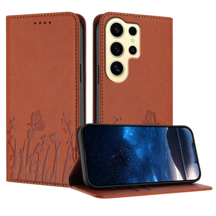 Tulips Butterfly Pattern Magnetic Vegan Leather Phone Case, For Samsung Galaxy S24 FE 5G, For Samsung Galaxy S24 Ultra 5G, For Samsung Galaxy S24+ 5G, For Samsung Galaxy S24 5G
