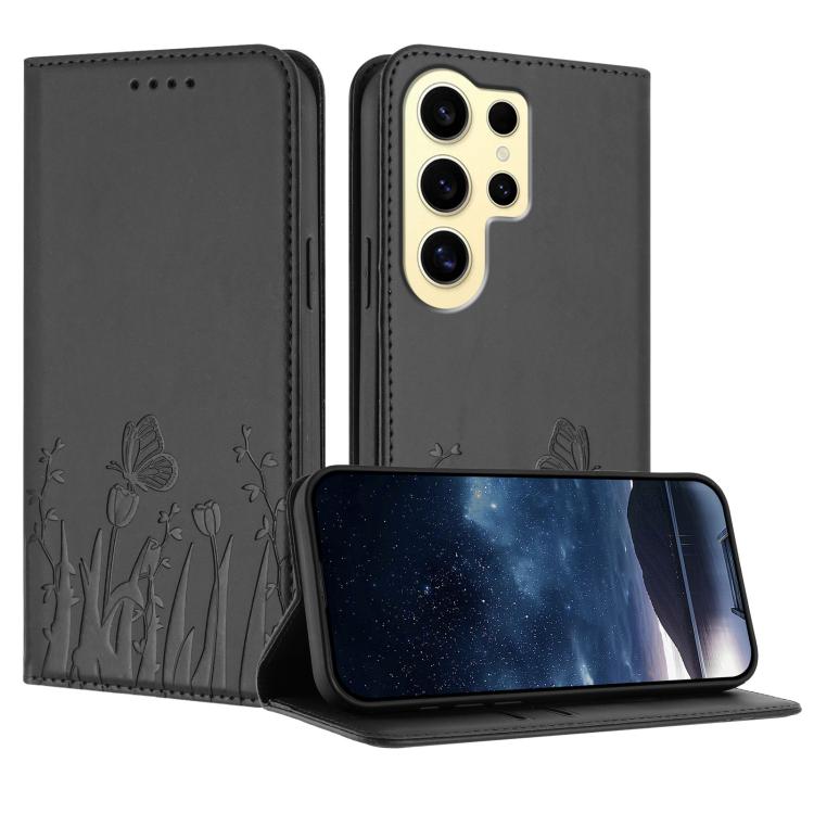 Tulips Butterfly Pattern Magnetic Vegan Leather Phone Case, For Samsung Galaxy S24 FE 5G, For Samsung Galaxy S24 Ultra 5G, For Samsung Galaxy S24+ 5G, For Samsung Galaxy S24 5G