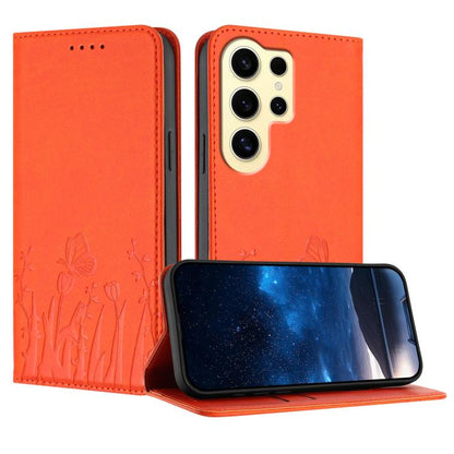 Tulips Butterfly Pattern Magnetic Vegan Leather Phone Case, For Samsung Galaxy S24 FE 5G, For Samsung Galaxy S24 Ultra 5G, For Samsung Galaxy S24+ 5G, For Samsung Galaxy S24 5G