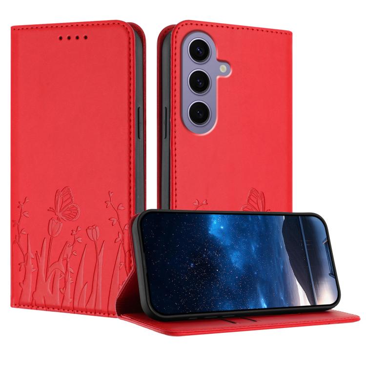 Tulips Butterfly Pattern Magnetic Vegan Leather Phone Case, For Samsung Galaxy S24 FE 5G, For Samsung Galaxy S24 Ultra 5G, For Samsung Galaxy S24+ 5G, For Samsung Galaxy S24 5G
