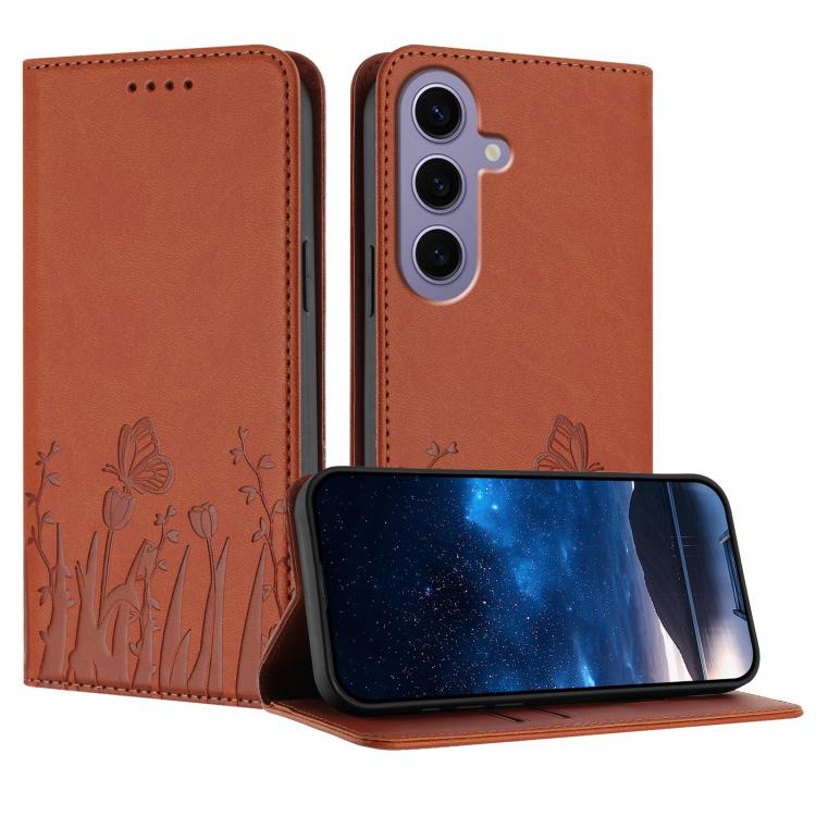 Tulips Butterfly Pattern Magnetic Vegan Leather Phone Case, For Samsung Galaxy S24 FE 5G, For Samsung Galaxy S24 Ultra 5G, For Samsung Galaxy S24+ 5G, For Samsung Galaxy S24 5G