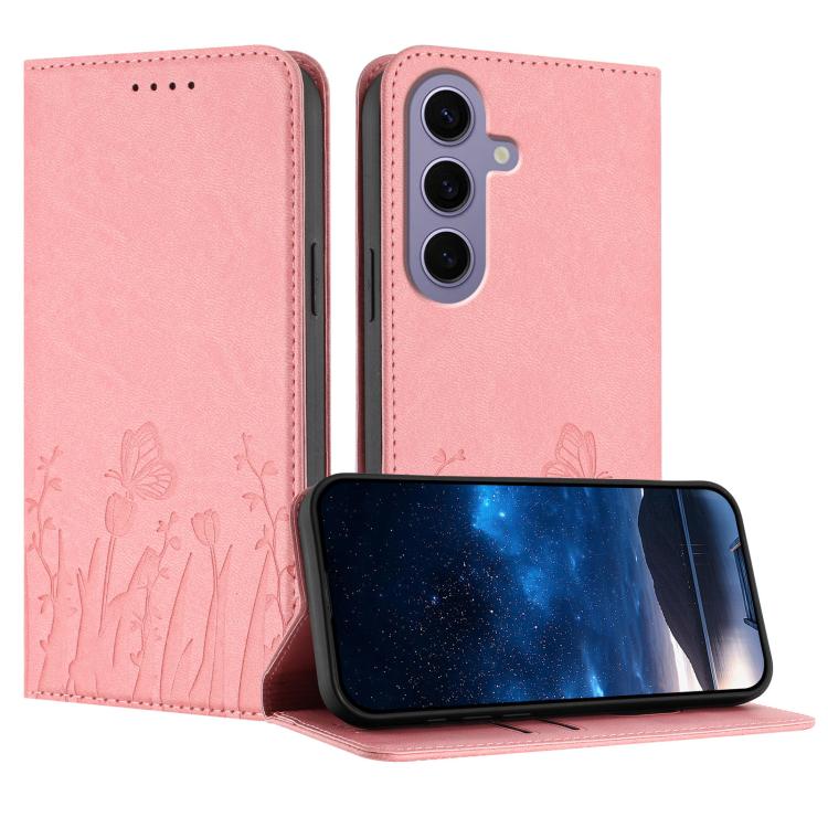 Tulips Butterfly Pattern Magnetic Vegan Leather Phone Case, For Samsung Galaxy S24 FE 5G, For Samsung Galaxy S24 Ultra 5G, For Samsung Galaxy S24+ 5G, For Samsung Galaxy S24 5G