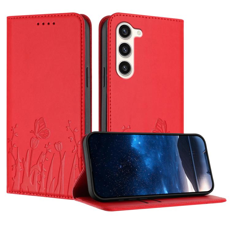 Tulips Butterfly Pattern Magnetic Vegan Leather Phone Case, For Samsung Galaxy S23 FE 5G, For Samsung Galaxy S23 Ultra 5G, For Samsung Galaxy S23+ 5G, For Samsung Galaxy S23 5G