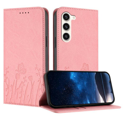 Tulips Butterfly Pattern Magnetic Vegan Leather Phone Case, For Samsung Galaxy S23 FE 5G, For Samsung Galaxy S23 Ultra 5G, For Samsung Galaxy S23+ 5G, For Samsung Galaxy S23 5G