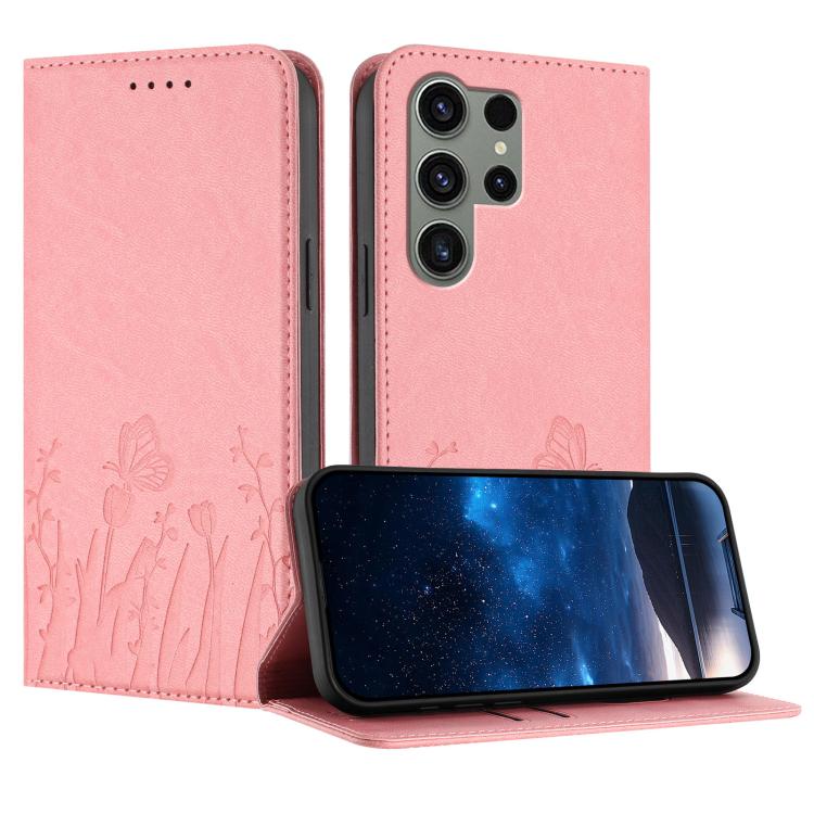 Tulips Butterfly Pattern Magnetic Vegan Leather Phone Case, For Samsung Galaxy S23 FE 5G, For Samsung Galaxy S23 Ultra 5G, For Samsung Galaxy S23+ 5G, For Samsung Galaxy S23 5G