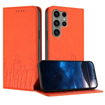 Tulips Butterfly Pattern Magnetic Vegan Leather Phone Case, For Samsung Galaxy S23 FE 5G, For Samsung Galaxy S23 Ultra 5G, For Samsung Galaxy S23+ 5G, For Samsung Galaxy S23 5G