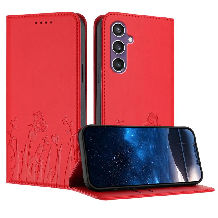 Tulips Butterfly Pattern Magnetic Vegan Leather Phone Case, For Samsung Galaxy S23 FE 5G, For Samsung Galaxy S23 Ultra 5G, For Samsung Galaxy S23+ 5G, For Samsung Galaxy S23 5G