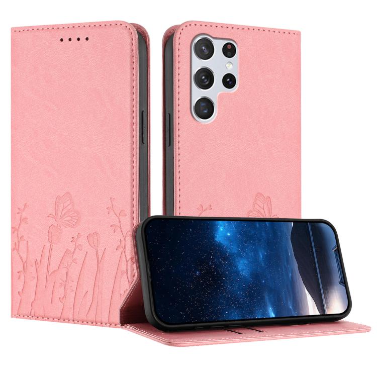 Tulips Butterfly Pattern Magnetic Vegan Leather Phone Case, For Samsung Galaxy S20 FE, For Samsung Galaxy S22 Ultra 5G, For Samsung Galaxy S22+ 5G, For Samsung Galaxy S22 5G