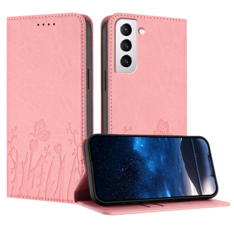 Tulips Butterfly Pattern Magnetic Vegan Leather Phone Case, For Samsung Galaxy S21 FE 5G, For Samsung Galaxy S21 5G, For Samsung Galaxy S21+ 5G, For Samsung Galaxy S21 Ultra 5G