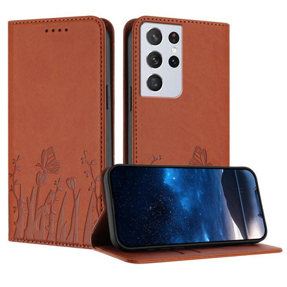 Tulips Butterfly Pattern Magnetic Vegan Leather Phone Case, For Samsung Galaxy S21 FE 5G, For Samsung Galaxy S21 5G, For Samsung Galaxy S21+ 5G, For Samsung Galaxy S21 Ultra 5G