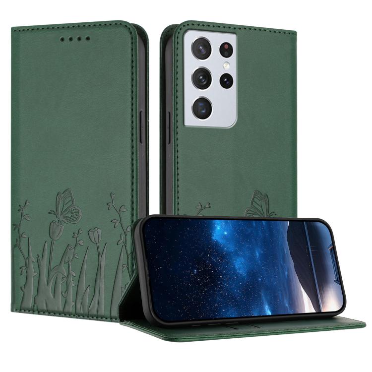Tulips Butterfly Pattern Magnetic Vegan Leather Phone Case, For Samsung Galaxy S21 FE 5G, For Samsung Galaxy S21 5G, For Samsung Galaxy S21+ 5G, For Samsung Galaxy S21 Ultra 5G