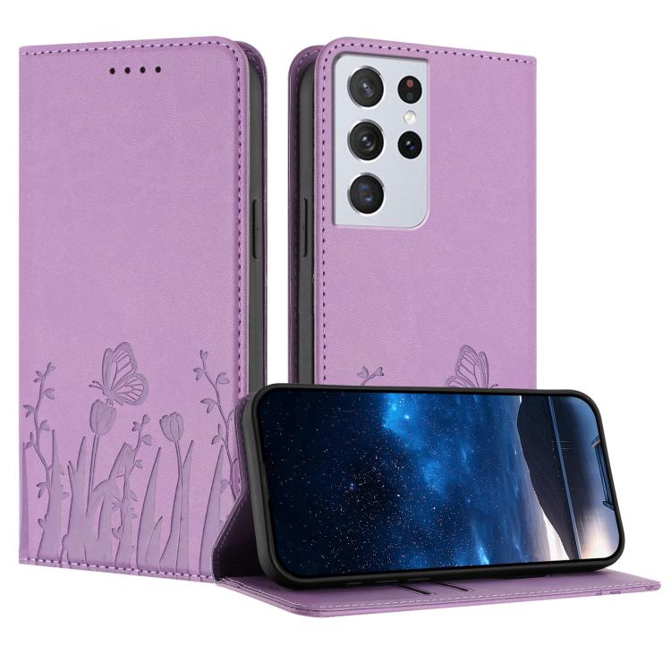 Tulips Butterfly Pattern Magnetic Vegan Leather Phone Case, For Samsung Galaxy S21 FE 5G, For Samsung Galaxy S21 5G, For Samsung Galaxy S21+ 5G, For Samsung Galaxy S21 Ultra 5G