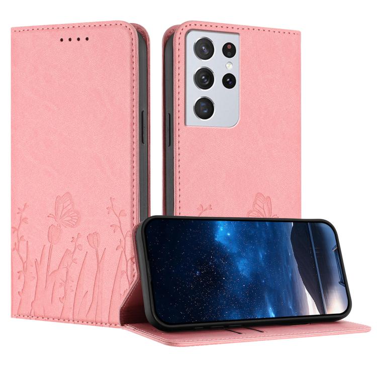 Tulips Butterfly Pattern Magnetic Vegan Leather Phone Case, For Samsung Galaxy S21 FE 5G, For Samsung Galaxy S21 5G, For Samsung Galaxy S21+ 5G, For Samsung Galaxy S21 Ultra 5G