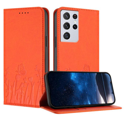 Tulips Butterfly Pattern Magnetic Vegan Leather Phone Case, For Samsung Galaxy S21 FE 5G, For Samsung Galaxy S21 5G, For Samsung Galaxy S21+ 5G, For Samsung Galaxy S21 Ultra 5G