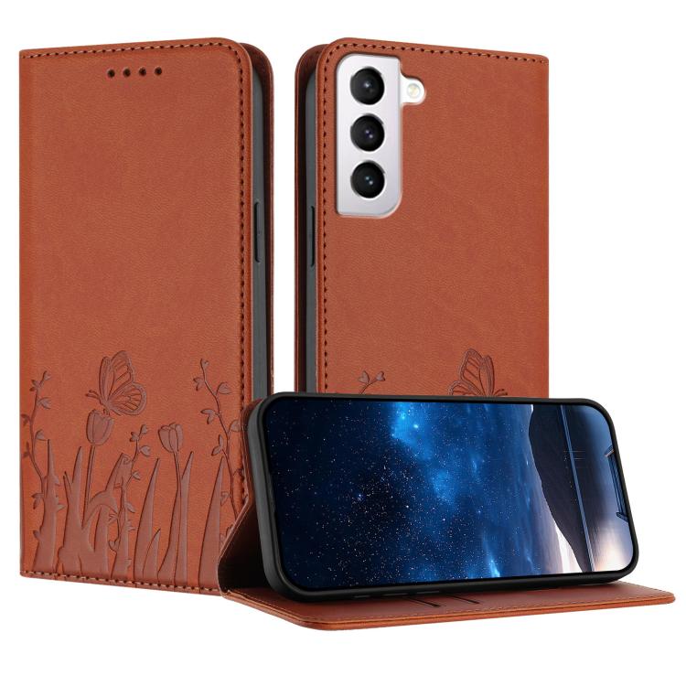 Tulips Butterfly Pattern Magnetic Vegan Leather Phone Case, For Samsung Galaxy S21 FE 5G, For Samsung Galaxy S21 5G, For Samsung Galaxy S21+ 5G, For Samsung Galaxy S21 Ultra 5G