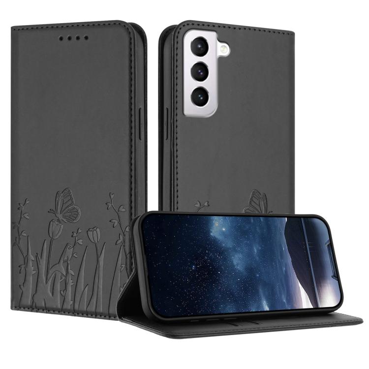Tulips Butterfly Pattern Magnetic Vegan Leather Phone Case, For Samsung Galaxy S21 FE 5G, For Samsung Galaxy S21 5G, For Samsung Galaxy S21+ 5G, For Samsung Galaxy S21 Ultra 5G