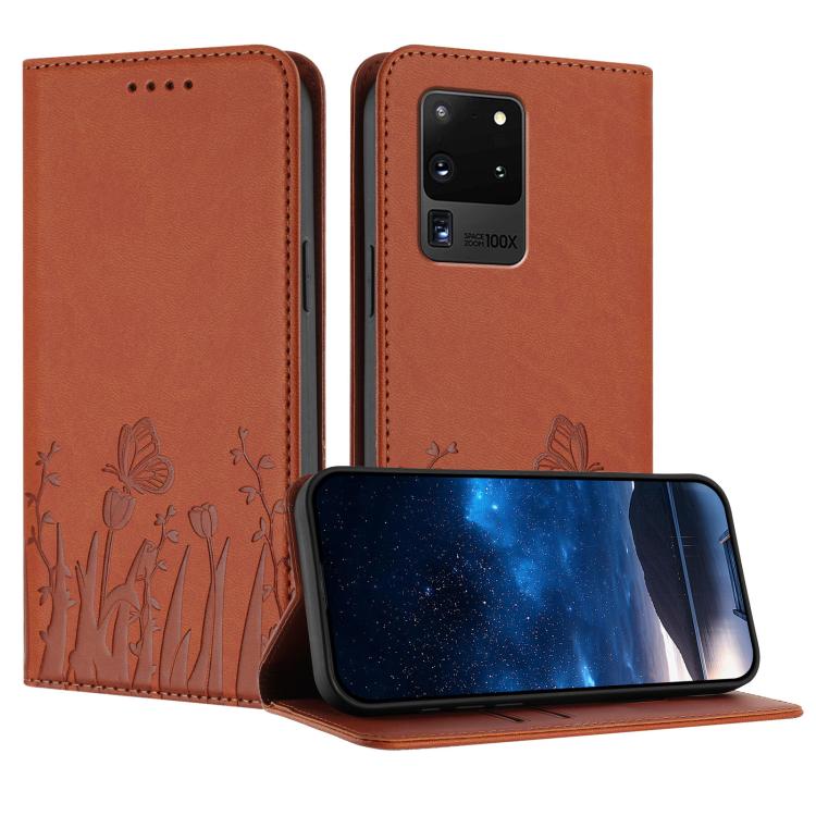Tulips Butterfly Pattern Magnetic Vegan Leather Phone Case, For Samsung Galaxy Note20 Ultra, For Samsung Galaxy Note20, For Samsung Galaxy S20 Ultra, For Samsung Galaxy S20