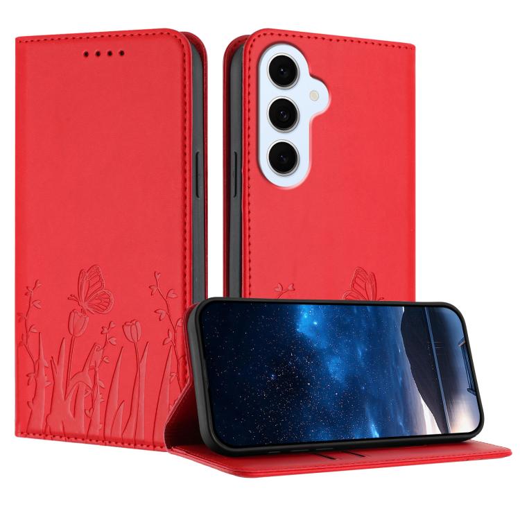 Tulips Butterfly Pattern Magnetic Vegan Leather Phone Case, For Galaxy S26 FE 5G, For Samsung Galaxy S26 Ultra 5G, For Samsung Galaxy S26 5G, For Samsung Galaxy S25 FE 5G